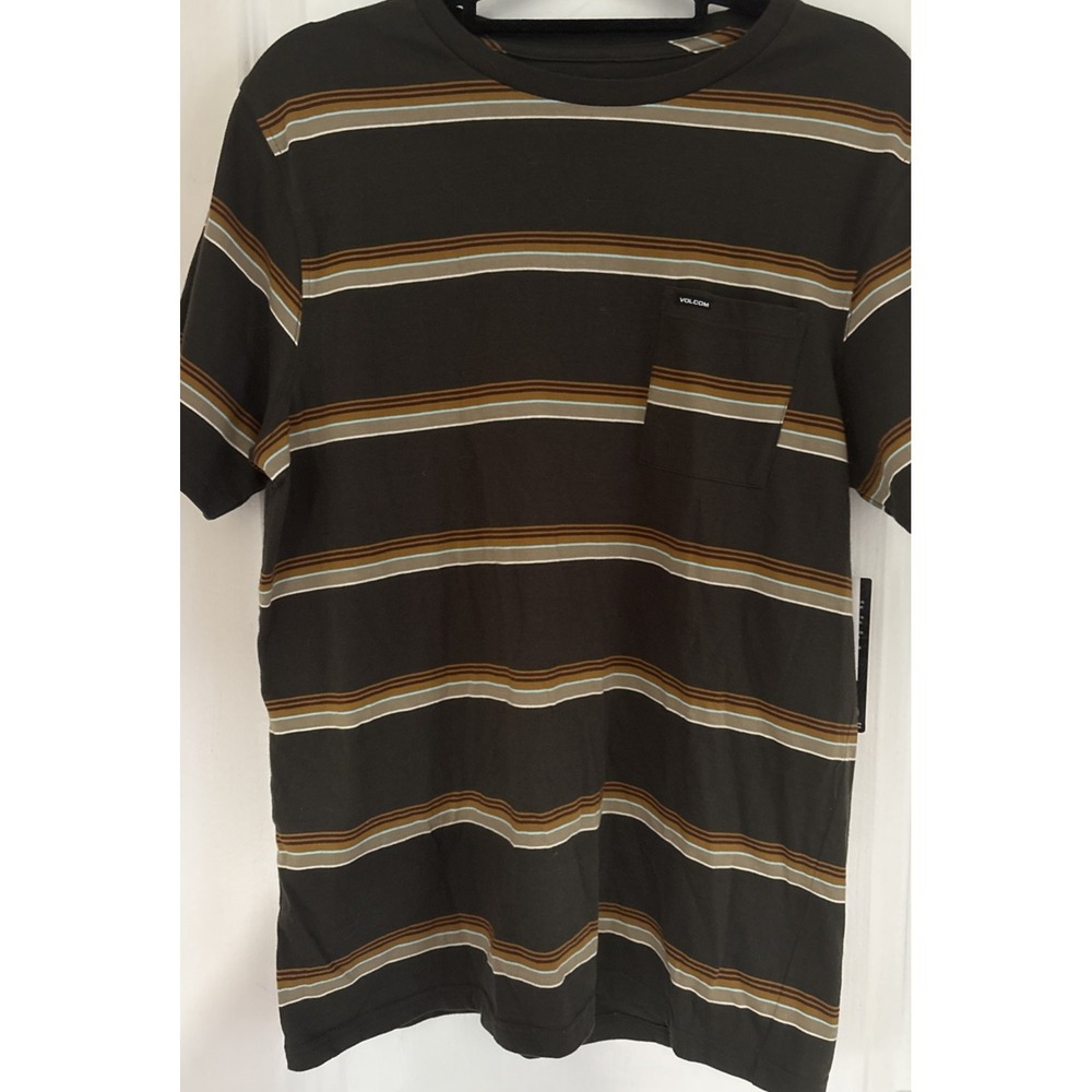 NWT Volcom Parables Stripes Brown Outstoned Pocket Crew Shirt Men's Sz M